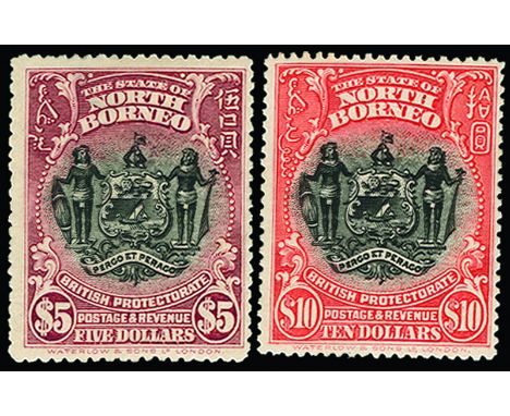NORTH BORNEO - 1911 $5 black and lake and $10 black and brick-red (SG 182/183) large part o.g., the $5 with very light overal