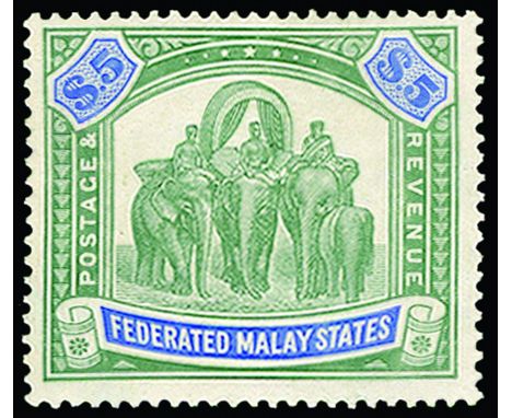 MALAYA - F.M.S. - 1922-34 $5 green and blue (SG 80), light gum toning, large part o.g., cat £190