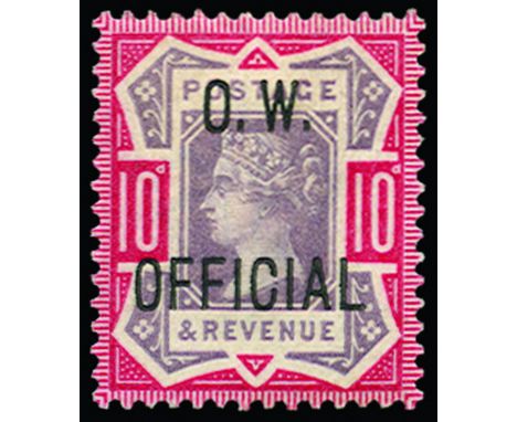 GREAT BRITAIN - Official: 1896-1902 10d dull purple and carmine overprinted O.W. OFFICIAL (SG O35) part o.g., very light over