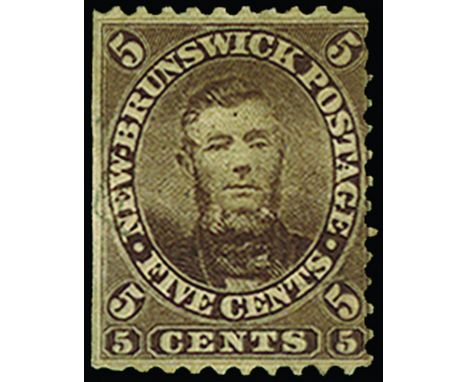 NEW BRUNSWICK - 1860-63 5c brown "Connell" (SG 13), straight edge at left, a few light marks on face and a little tired, unus
