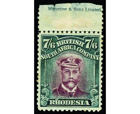 RHODESIA - 1922-24 Die III, perf 14 7s 6d brown-purple and slate (SG 308), upper marginal with part imprint, light even gum t