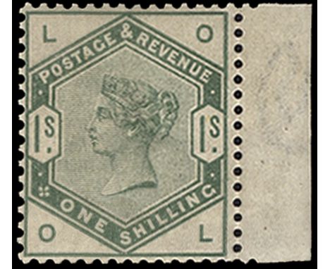 GREAT BRITAIN - 1884 1s dull green (SG 196) right hand marginal, light overall gum toning, full o.g. and good colour, cat £1,