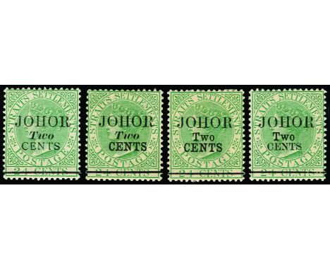 MALAYA - JOHORE - 1891 (May) 2c on 24c green, four unused examples showing the listed types of surch (SG 17/20), most with li