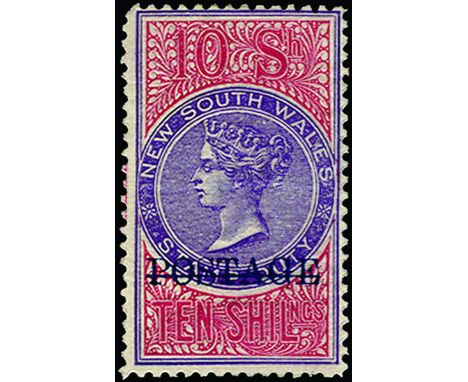 NEW SOUTH WALES - 1885-86 Overprint in blue, 10s mauve and claret perf 12 (SG 241b), light even gum toning, large part o.g., 