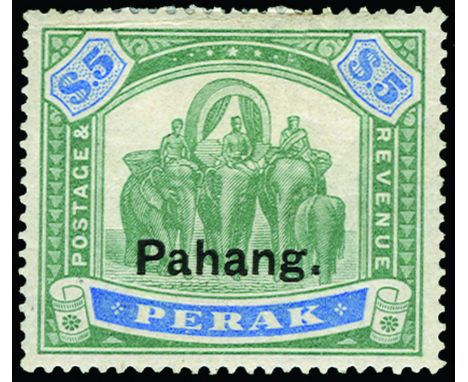 MALAYA - PAHANG - 1898 (Mar-Sep) overprint on Perak $5 green and ultramarine (SG 24), light creasing at top and heavily hinge