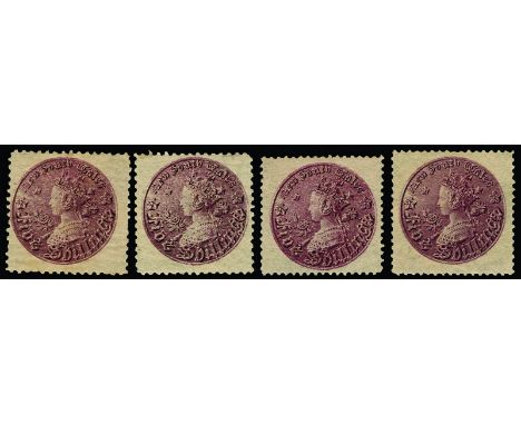 NEW SOUTH WALES - 1897Reissue 5s reddish-purple (SG 297c, etc), four unused examples showing minor shades, two perf 11, the o
