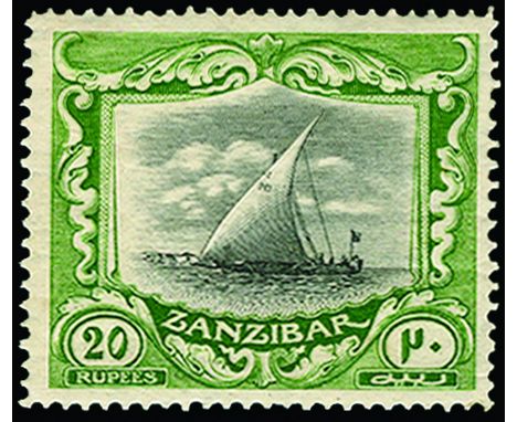 ZANZIBAR - 1913 20r black and green (SG 260b), a few light adhesions on gum, otherwise fine o.g., cat £350