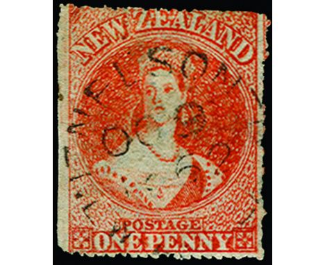 NEW ZEALAND - 1862-64 Serrated perf 18 (at Nelson) 1d orange-vermilion (SG 59), separations largely intact except at left, us