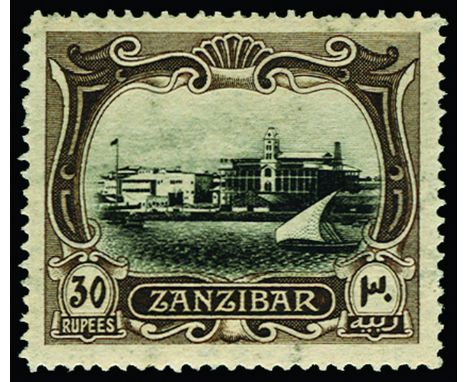 ZANZIBAR - 1908-09 30r black and sepia (SG 241), gum light toning and a few minor adhesions, fine facial appearance, large pa