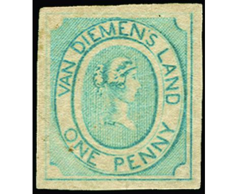 TASMANIA - 1853 1d pale blue on medium soft yellowish paper (SG 1) pos. 9 in sheet, four large margins, a couple of tiny red 