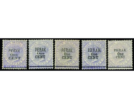 MALAYA - PERAK - 1891 1c on 6c lilac, five unused examples showing the listed types of surch (SG 43/7), most with light gum t