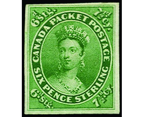 CANADA - 1852-57 Handmade wove paper, 7½d yellow-green (SG 12), a beautiful deep shade with good to large margins, large part