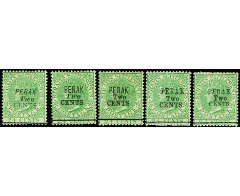 MALAYA - PERAK - 1891 2c on 24c green, five unused examples showing the listed types of surch (SG 48/52), light to moderate g