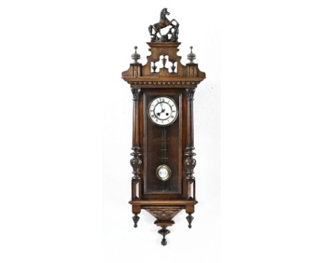 Antique, intact, German regulator made of walnut wood. With half columns. Weekly timer with half-hourly striking. Circa 1890.