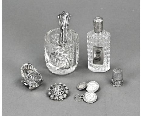 Lot of silver (various), with cufflinks made of quarters and dimes, a thimble, brooch, miniature cradle, a crystal spoon vase