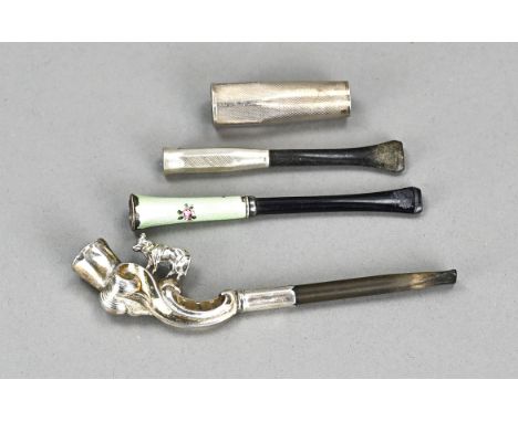 Lot with 4 silver pipes, 835/000, with a groom's pipe with a cow, a pipe decorated with enamel with floral decor, and two pip