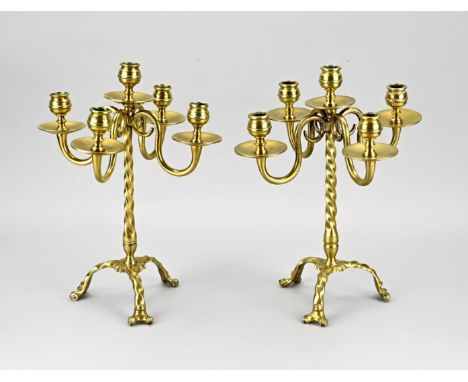 Two 18th - 19th century 5-light candlesticks with twisted stem. Brass. Dimensions: H 32 cm. In good condition.
