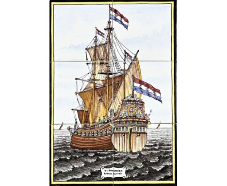 6-Pas Dutch polychrome fayence tile tableau, depicting the three-master 'the seven provinces'. Delft or Makkum. Circa 1900. D