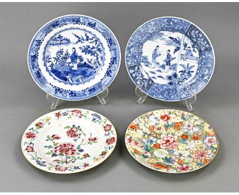 Four various antique Chinese porcelain plates. 1x Mille Fiori plate, 19th century, four-character bottom mark, shard glued in