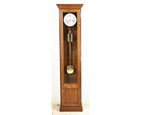 Oak interlock longcase clock with Westminster quarter-hour strike on gong bars. Second half of the 20th century. Dimensions: 