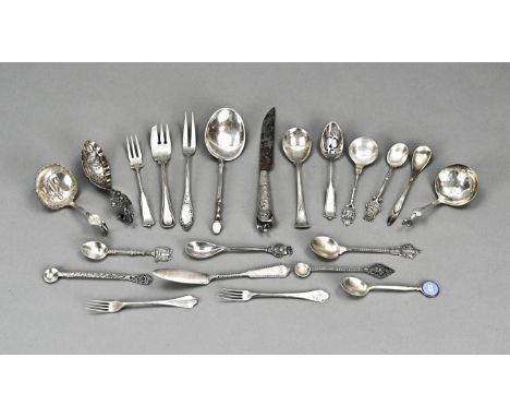 Lot of various silver with, 2x 18th century cake forks, antique knife with silver pistol handle, 3 cream spoons, a sour spoon