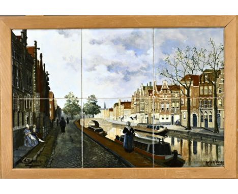 Rare antique 6-pass polychrome fayence Rozenburg The Hague tile tableau. Circa 1900. Hand-painted. Cityscape of Amsterdam, af