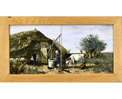 Rare 2-pass polychrome fayence Rozenburg The Hague tile tableau with hand-painted landscape. After Anton Mauve. Dimensions: H