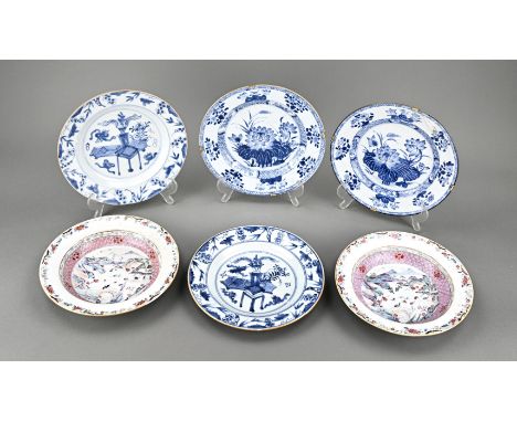 Six antique Chinese porcelain plates. 2x Family rose, 18th century, mountain landscape decor, enamel paint, glued. 2x Valuabl