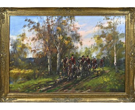 Unclearly signed. Fox hunting. Second half of the 20th century. Oil on linen. Dimensions: H 70 x W 100 cm. In good condition.