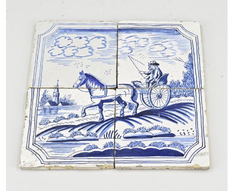 19th century 4-pass tile tableau with carriage. Dimensions: H 26 x W 26 cm. In good condition.