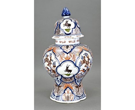Antique Delft polychrome fayence lidded jar with floral/animal decor. Marked A K. Dimensions: H 44 cm. In good condition.