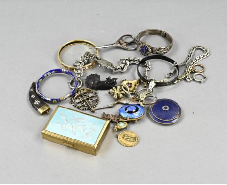 Lot of various white metal watch chains, one with enamel, bracelets, 2x Michaela Frey, and one with blue enamel, two scissors