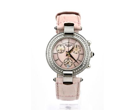 Pierre Balmain women's watch, chronograph, steel with a pink leather strap. Equipped with a pink mother-of-pearl dial. With s