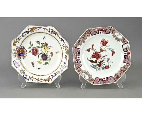 Two separate Chinese porcelain family rose plates. 1x Octagonal with floral enamel, gold and family coat of arms decor. 1x Oc