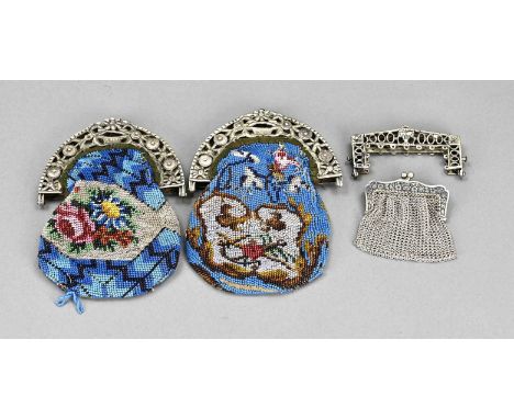 4 Small silver bag brackets, 2 semi-circular openwork brackets with coins and floral decor, a rectangular sawn bracket with c