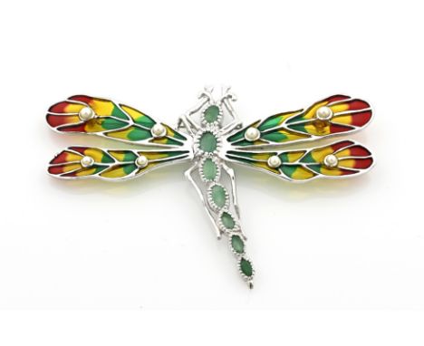 Beautiful silver brooch, 925/000, in the shape of a dragonfly decorated with emerald, pearl and enamel. 9x6cm. approx. 19.5 g