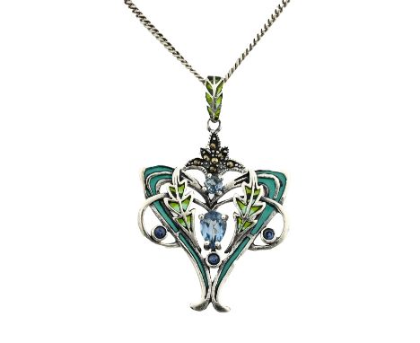 Silver necklace and pendant, 925/000, with enamel and light blue stones. Lalique style. 32x48mm. 40 cm. total approx. 11.6 gr