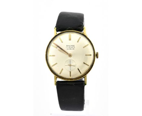 Vintage yellow gold watch, 585/000, unisex, mechanical, marked Ancre, with a decentralized second hand. the watch has a leath