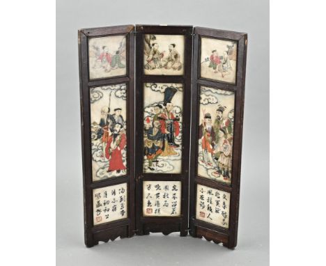 Antique Chinese folding screen with natural stone plaques. Hand-painted with figures + texts. One plaque broken. 19th Century