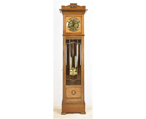 Antique German grandfather clock by Gustav Becker. Walnut. Circa 1900. Art Nouveau. Half-hour strike on four gong bars. Dimen