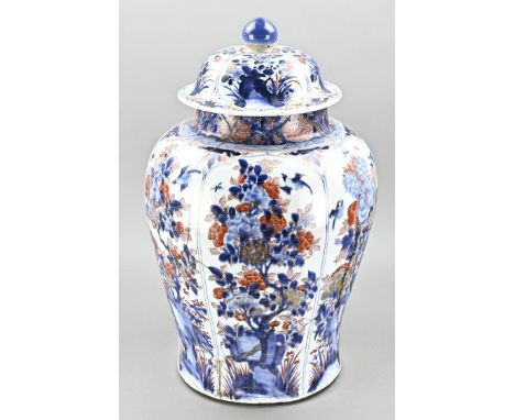 Rare, large, 18th century Chinese porcelain kang xi lidded vase with garden in the wings + bird decor. Glued. Dimensions: H 6