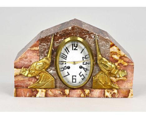 Antique French marble art deco mantel clock with brass pheasants. Circa 1920. Eight-day movement, half-hourly striking, sprin