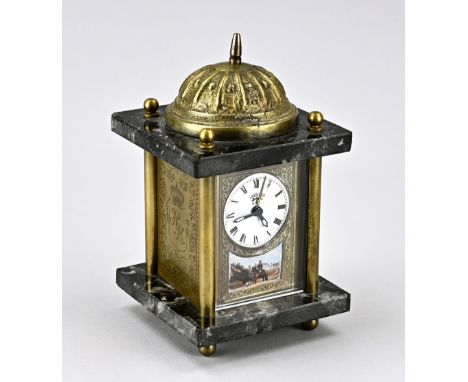 Antique German Lenzkirch alarm clock with chimes. Circa 1920. Brass with marble, Dresden verso. Dimensions: 17 cm. In good co