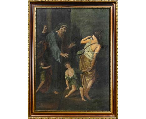 Unsigned antique copy after an old master. Religious figures representation. Circa 1900. Oil on linen. Dimensions: H 83 x W 6