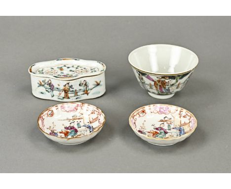 Four parts of 19th century Chinese family rose porcelain. 1x Family rose bowl with figures in garden/gold decor + bottom mark