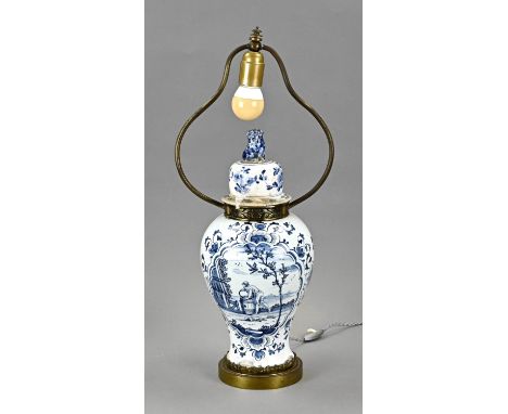 18th century Delft fayence lamp base with brass frames. Floral/figure/landscape decor. Dimensions: H 59 cm. In good condition