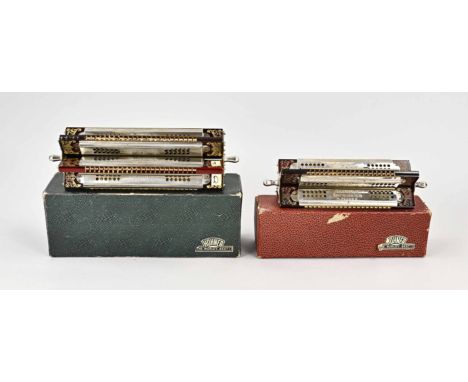 Two rare German Hohner harmonicas. Circa 1900 - 1920. 1x Tremdo Harmonica. 1x Harmonica 6 in 1. With original box. Size: 25 -