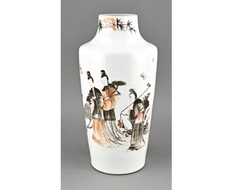 Antique Chinese porcelain vase yongzheng figures decor with deer. Formerly lamp base. Hole in bottom + shortened. Dimensions: