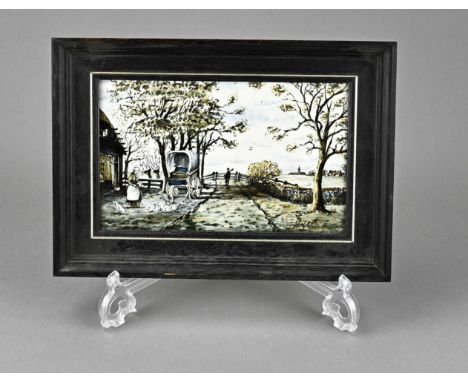 Delft fayence tile from Porceleyne Fles. Signed. With landscape. 20th century. Dimensions: 15 x 23 cm. In good condition.