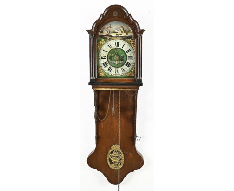 Early 19th century oak Frisian tail clock with alarm clock and wooden statues. Dimensions: 145 cm. In good condition.